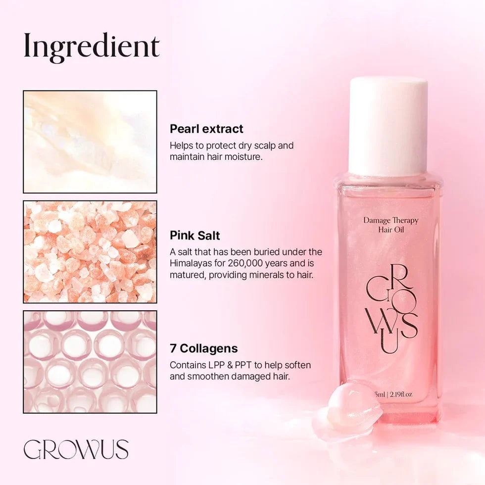 Growus hair oil with pearl extract and pink salt ingredients